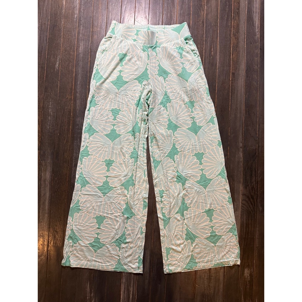 Susan Graver Liquid Knit Wide Leg Pants Mint Green Seashell Print